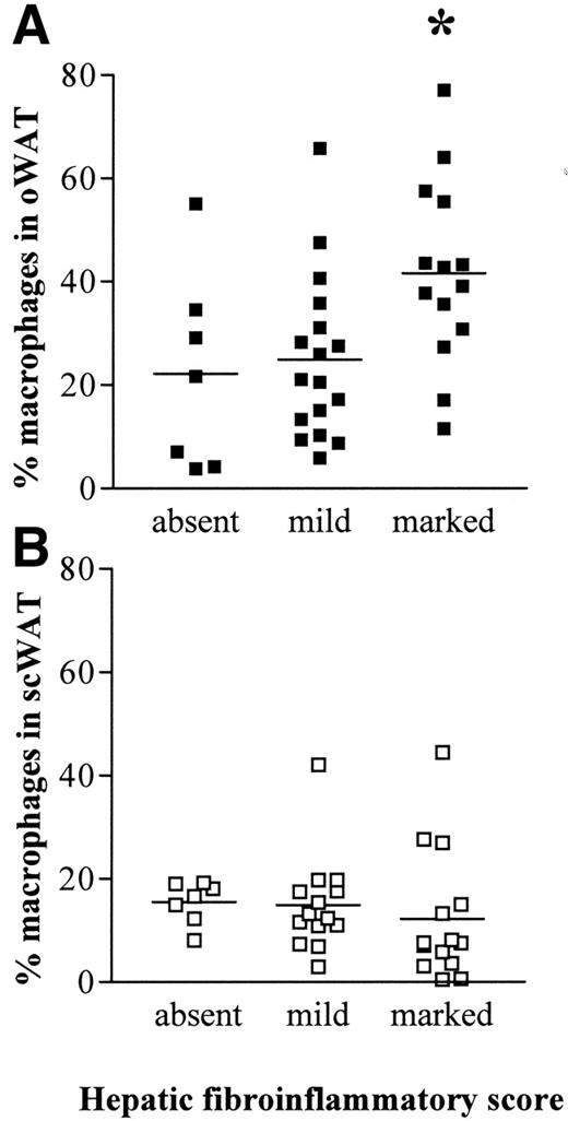 FIG. 4. Percentage of macrophages in omental WAT (A) and in subcutaneous WAT (B) in 39 subjects scored for hepatic fibroinflammatory lesions. Horizontal lines are the mean value in each group. *P < 0.05 using Student’s test for each pair, compared with mild and absent group. oWAT, omental WAT; scWAT, subcutaneous WAT.