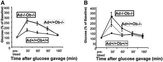 FIG. 4. Glucose tolerance in obese ob/ob mice lacking adiponectin after treatment with PPAR-γ agonists (TZDs). A: Before TZD treatment. B: After TZD treatment. Twelve-week-old male mice were treated with rosiglitazone (10 mg · kg body wt−1 · day−1) over 10 days and subjected to an oral glucose tolerance test. Blood glucose was measured at 0 (prebleed), 30, 60, 90, and 180 min after glucose dosage. The curves for adiponectin and leptin double-null mice (Ad-/-Ob-/-, gray), obese adiponectin wild type-mice (Ad+/+Ob-/-, dashed), and lean control mice (Ad+/+/Ob+/+, black) are shown. Values are percentage induction from basal glucose levels. *P < 0.05. From ref. 34.