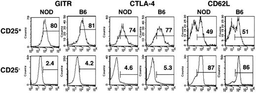 FIG. 2. Phenotype of CD4+CD25+ cells in pre-diabetic NOD mice. Lymph node cells from prediabetic NOD mice were labeled for CD4, CD25, and either GITR, CTLA-4, or CD62L and analyzed by fluorescence-activated cell sorting by gating on CD4+CD25+ or CD4+CD25− cells.