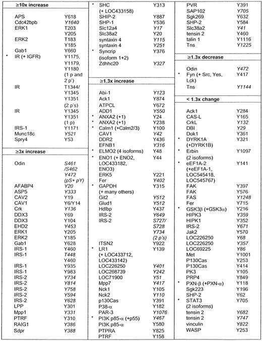 pTyr sites of proteins identified and quantified in this study, grouped according to their response to 5 min treatment with insulin