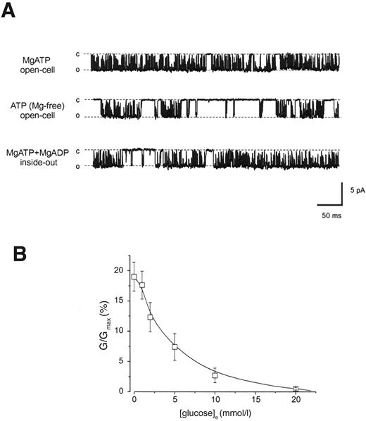 FIG. 5. A: Typical single-channel KATP currents recorded from β-cell open-cell or inside-out patches in the presence of Mg2+ and nucleotides as indicated. B: Mean relationship between the whole-cell KATP conductance and the external glucose concentration ([glucose]e) measured using the perforated patch configuration in β-cells (n = 6). The whole-cell KATP conductance (G) is expressed as a percentage of the maximal whole-cell KATP conductance measured in the standard whole-cell configuration (Gmax).