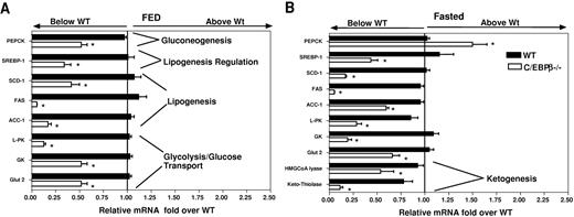 FIG. 6. Reduced glycolytic and lipogenic gene expression in C/EBPβ−/− mice. Real-time PCR quantification of liver gene expression for fed (A) and 18-h–fasted (B) wild-type and C/EBPβ−/− mice on a high-fat diet. The values are the means ± SE and expressed as fold over wild type for four mice per group normalized with 18s rRNA (*P < 0.05).