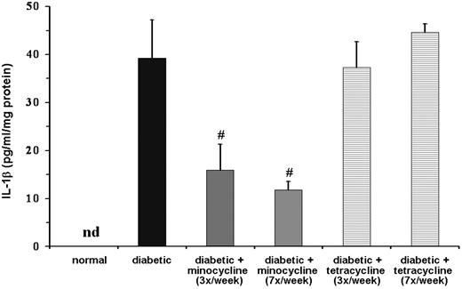 FIG. 2. Inhibition of diabetes-induced IL-1β in the retina by minocycline. IL-1β production was measured from same retinal lysates as described in Fig. 1. IL-1β levels are expressed as the mean ± SD in pg · ml−1 · mg−1 protein. #P < 0.05 compared with diabetic.