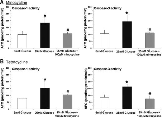 FIG. 5. Inhibition of high glucose–induced caspase activities in retinal Müller cells by minocycline: rMC-1 cells were incubated in medium containing 5 mmol/l glucose, 25 mmol/l glucose, 25 mmol/l glucose plus 100 μmol/l minocycline (A), or 25 mmol/l glucose plus 100 μmol/l tetracycline (B). After 96 h, activities of caspase-1 and caspase-3 were measured and expressed as means ± SD. ★P < 0.05 compared with normal glucose; #P < 0.05 compared with high glucose.