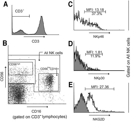 FIG. 1. NK cell flow cytometry. A representative analysis of blood NK cells, defined from the CD3− lymphocyte fraction (A), and further distinguished with CD16 and CD56 markers (B). C–E: Expression of NK markers NKp46, NKp30, and NKG2D on whole NK cells.
