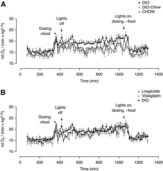 FIG. 3. Energy expenditure in liraglutide- and vildagliptin-treated rats, compared with candy-fed obese rats and control rats, measured during 22 h on the last day of 12 weeks treatment. A: Candy-fed obese rats (DIO); candy-fed obese rats, fed chow only in the treatment period (DIO-Chow); and chow-fed control rats (Chow). B: Liraglutide- and vildagliptin-treated rats and candy-fed obese (DIO) rats. Data are means ± SE.