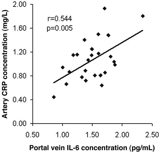 FIG. 1. Relationship between portal vein IL-6 and systemic CRP concentrations in extremely obese subjects. Data are log transformed.