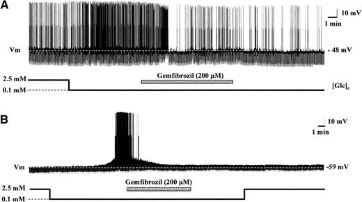 FIG. 4. Whole-cell current-clamp recordings in glucose-inhibited neurons. A: In this ARC glucose-inhibited neuron, gemfibrozil (200 μmol/l) reversed the excitatory effect of decreased glucose. This did not reverse upon washout. B: The effects of gemfibrozil were similar in this VMN glucose-inhibited neuron. After gemfibrozil washout, this neuron did not respond to changes in glucose.