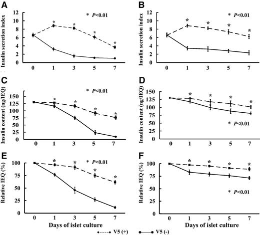 FIG. 2. Insulin secretion index and insulin content of islets. A: V5-treated islets showed significantly better insulin secretion index than V5-untreated islets at days 1, 3, 5, and 7. C: The insulin content was significantly higher in V5-treated islets at days 1, 3, 5, and 7 compared with V5-untreated islets. These data are representative of three independent experiments. E: Treatment of V5 allowed significantly favorable maintenance of islet mass at days 1, 3, 5, and 7. B–F: These findings, observed in adherent culture, were also confirmed in islets in floating culture using ultralow attachment dishes. IEQ, islet equivalent.