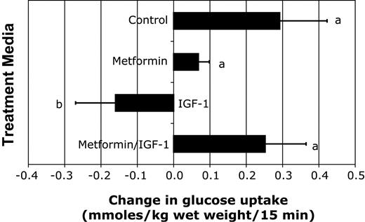 FIG. 2. Metformin improves glucose uptake in IGF-I–exposed blastocysts. Two-cell embryos were cultured for 72 h in control medium (n = 47), medium with metformin alone (n = 45; 25 μg/ml), medium with high concentrations of IGF-I (n = 55; 200 nmol/l), or medium with IGF-I plus metformin (n = 55). Insulin-stimulated 2-deoxyglucose uptake (stimulated rate minus basal rate) was measured in individual blastocysts from each condition. Values with different letters were significantly different. IGF-I vs. control embryos, P < 0.05. IGF plus metformin vs. IGF-I, P < 0.01.
