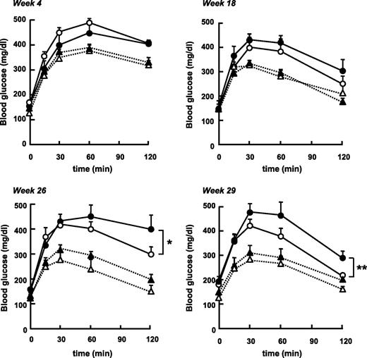 FIG. 2. Effect of high-fat diet and lack of AMPK α2 activity on glucose tolerance test. Glucose tolerance tests were performed in wild-type and α2i TG mice fed a control or a high-fat diet at weeks 4, 18, 26, and 29. Blood glucose concentration was measured at time points 0, 15, 30, 60, and 120 min after the glucose injection. Data are represented as means ± SE. n = 5–6 for all groups. *P < 0.05 vs. wild type with high-fat diet; **P < 0.01 vs. wild type with high-fat diet. ○, high-fat diet wild type; •, high-fat diet α2i TG; ▵, control diet wild type; ▴, control diet α2i TG.