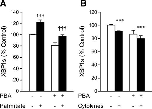 FIG. 4. Palmitate activates, whereas cytokines reduce, XBP1 splicing in INS-1 cells. PBA treatment lowers palmitate-induced XBP1 splicing. INS-1 cells were pretreated in the absence or presence of PBA (2.5 mmol/l) for 24 h and then cultured for 6 h in combination with the absence (□) or presence (▪) of either 0.4 mmol/l palmitate coupled to 0.92% BSA (A), or IL-1β (50 units/ml) and IFN-γ (100 units/ml) (B). Total RNA was extracted and reverse transcribed. Xbp1 cDNA was amplified by PCR and digested with PstI, which cuts unprocessed Xbp1 cDNA into fragments. Processed (activated) Xbp1 cDNA lacks the restriction site and remains intact. Processed (intact) and unprocessed (cut) Xbp1 was quantified by densitometry. The value obtained for processed Xbp1 was expressed as a ratio of the total (processed + unprocessed) Xbp1 mRNA levels for each sample. These ratios are expressed as a percentage of the ratio in control INS-1 cells. Results are means ± SEM determined from three experiments performed in triplicate or quadruplicate. A: ***P < 0.001 versus control untreated INS-1 cells, †††P < 0.001 for PBA + palmitate-treated versus control palmitate-treated INS-1 cells. B: ***P < 0.001 versus control untreated INS-1 cells.
