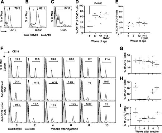 FIG. 1. Depletion studies. Splenocytes were extracted from normoglycemic 10-week-old NOD mice (n = 5) and were analyzed by flow cytometry for CD19 and CD22 expression on B220+ cells and CD138+ cells (plasma cells). CD19 and CD22 were similarly expressed on B220+ cells (A and B), and CD22 was expressed on CD138+ cells (C). We then examined by flow cytometry the infiltrating cells in the pancreata of 4-, 8-, and 12-week-old and hyperglycemic NOD mice (>14 weeks old) (n = 5 mice/group). Most of the infiltrate is constituted by CD45+CD19+ cells (B-cells) (D). B-cell pancreatic infiltration in NOD mice peaked around 8–10 weeks (P < 0.05; D), whereas CD45+CD3+ cells (T-cells) remained stable over time (E). The percentage of CD45+CD19+ cells (B-cells) was significantly higher than CD45+CD3+ cells (T-cells) in the pancreata of 8-week-old NOD mice (B-cells, 65.1 ± 5.0 vs. T-cells, 30.2 ± 3.2%, P = 0.004) (E). Two injections (160 μg i.p. 5 days apart, day 0 and day 5) of anti-CD22/cal mAb elicits a quick and profound depletion of B-cells in the peripheral blood of 10-week-old NOD mice (n = 6 mice/group) by 1 week that lasts for 6–7 weeks (F and H). Control NOD mice did not appear to be depleted (F and G), whereas the group treated with unconjugated anti-CD22 mAb shows a transient and partial B-cell depletion (F and I). At 8–10 weeks after depletion, B-cells recovered almost completely (F and H).