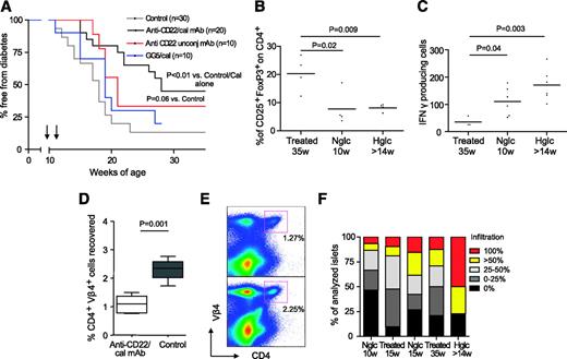 FIG. 2. Diabetes prevention studies. We observed a significant delay in diabetes onset in anti-CD22/cal mAb–treated female 10-week-old NOD mice (n = 20) compared with controls (n = 30, P < 0.01) (A). The calicheamicin alone–treated group developed diabetes similarly to untreated controls (n = 10, P < 0.01 vs. anti-CD22/cal mAb–treated NOD mice) (A). Unconjugated anti-CD22 treatment slightly delayed diabetes onset (n = 10, P = 0.06 vs. untreated controls) (A). At 35 weeks of age, an increase in the percentage of CD4+CD25+FoxP3+ cells was evident in the pancreatic lymph nodes of anti-CD22/cal mAb–treated NOD mice (n = 4) compared with 10-week-old untreated control NOD (n = 4, P = 0.02) and compared with hyperglycemic >14-week-old NOD mice (n = 4, P = 0.009) (B). CD4+ cells extracted from splenocytes of anti-CD22/cal mAb–treated NOD mice at 35 weeks of age produced less IFN-γ when challenged with the BDC2.5 peptide compared with CD4+ cells extracted from splenocytes of untreated age-matched control hyperglycemic NOD mice (P = 0.001) and 10-week-old NOD mice (P = 0.04) (n = 4 mice/group) (C). Isolated autoreactive BDC2.5 TCR Tg+ CD4+ cells were transferred into NOD.SCID mice previously reconstituted with NOD splenocytes and then treated with anti-CD22/cal mAb or left untreated. Fewer autoreactive BDC2.5 TCR Tg+ CD4+ cells were recovered (D) in the anti-CD22/cal mAb–treated NOD.SCID hosts (E, top quadrant) compared with the untreated controls (E, bottom quadrant). Insulitis score analysis revealed better-preserved islets in the anti-CD22/cal mAb–treated NOD mice at 15 and 35 weeks of age (F). (Please http://dx.doi.org/10.2337/db08-0420 for a high-quality digital representation of this figure.)