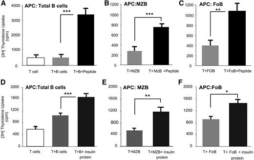 FIG. 5. NOD MZB present autoantigen to diabetogenic T-cells. T-cell proliferation induced by unfractionated splenic B-cells (A and D), sorted MZBs (B and E), or sorted FoBs (C and F). T-cells were cultured for 86 h with either insulin peptide B9:23-pulsed (200 μg/well) B-cell populations (A–C) or intact insulin-pulsed (200 μg/well) B-cell populations (D–F). Cultures were pulsed for the last 16 h with 3[H]-thymidine. Data represents mean (cpm) ± SE of triplicate samples from a representative experiment of five independent experiments conducted. In each case, P value indicates comparison between T-cells plus APCs and T-cells plus antigen-pulsed APCs. *P < 0.05; **P < 0.01; ***P < 0.001.