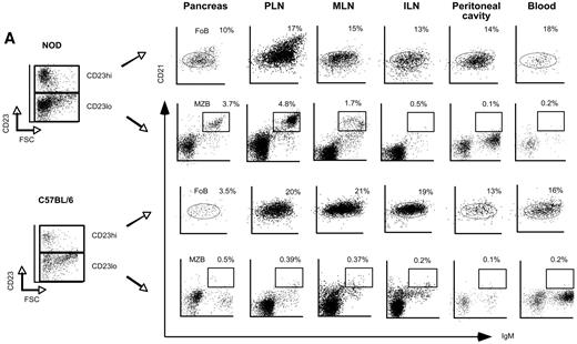 FIG. 6. MZBs colonize extrasplenic locations in female NOD mice. Representative FACS plots illustrating MZB colonization of pancreas, PLNs, MLNs, ILNs, peritoneal cavity, and peripheral blood of 16-week-old female NOD and C57BL/6 mice. Numbers indicate frequency of B subpopulation present as a percentage of total lymphocytes. Results are from one of at least six independent experiments with identical results.