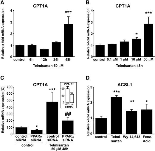 FIG. 1. Telmisartan induces PPARα target gene expression in human and murine hepatocytes. A: HepG2 cells were serum deprived for 16 h and incubated with 50 μmol/l telmisartan. mRNA expression of CPT1A was determined by real-time PCR after the indicated time points. ***P < 0.001 vs. vehicle control. B: mRNA expression of CPT1A in HepG2 cells with incubation of telmisartan (0.1, 1, 10, and 50 μmol/l) for 48 h. *P < 0.05; ***P < 0.001 vs. vehicle control. C: HepG2 cells were serum deprived for 16 h and transfected with PPARα siRNA or control siRNA followed by incubation with 50 μmol/l telmisartan for 48 h. mRNA expression of CPT1A was determined by real-time PCR. *P < 0.05 and ***P < 0.001 vs. vehicle control with control siRNA; ##P < 0.01 vs. telmisartan-treated cells with control siRNA (small graph: PPARα mRNA expression in HepG2 cells with control/PPARα siRNA. ***P < 0.001 vs. control siRNA; data are shown as % of PPARα mRNA expression in control siRNA-transfected cells.) D: Murine AML12 cells were incubated with telmisartan (10 μmol/l), Wy-14643 (10 μmol/l), or fenofibric acid (100 μmol/l). After 48 h of incubation ACSL1 mRNA was determined. ***P < 0.001; ** P < 0.01; *P < 0.05 vs. vehicle control. Expression was normalized to 18S expression. Experiments were repeated four times and results are presented as x-fold induction over vehicle-treated cells. Means ± SE is shown.