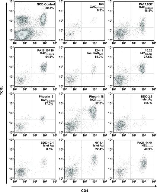 FIG. 1. Expression of Rg T-cells in NOD.scid mice. Flow cytometric analysis of splenocytes from female NOD.scid TCR Rg mice 32–39 days posttransplant was performed. Splenocytes were gated on live (based on forward/side scatter) GFP+ cells and dot plots of CD4 vs. TCR (anti–TCRβ-H57) expression depicted. The numbers in the top right quadrant refer to the percentage of TCR+CD4+ T-cells. Note that the level of TCR expression and the number of T-cells was more variable among BDC-2.5 Rg mice, with the example depicted representative of those on the low end (See Fig. 2 for a mean of all mice examined).