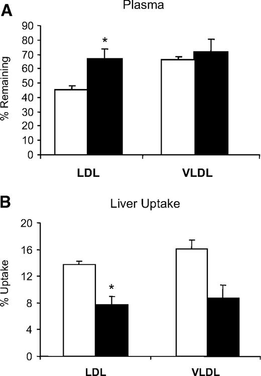 FIG. 5. Plasma clearance (A) and liver uptake (B) of LDL and VLDL. VLDL and LDL were isolated from STZ-induced diabetic Ldlr−/− mice and labeled with 125I. Labels were injected into control (□) and STZ-induced diabetic (▪) mice, and plasma clearance and liver uptake after 10 min, an indication of trapping, were determined. *P < 0.05.