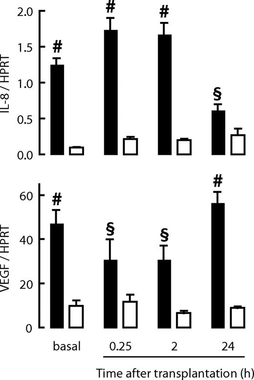 FIG. 5. Contribution of duct cells to IL-8 and VEGF expression in transplanted human islet grafts. Endocrine-enriched (21% duct cells, 79% endocrine cells) and duct cell–enriched (93% duct cells, 7% endocrine cells) fractions from the same donor were transplanted under the renal capsule of NOD/scid mice. Grafts were removed at indicated times and total RNA extracted and reverse transcribed into cDNA. IL-8 and VEGF expression was measured by real-time PCR. For basal condition expression levels, a cell sample of each preparation was taken before transplantation. □, endocrine-enriched fraction; ▪, duct cell–enriched fraction. Figure represents three independent experiments; each data point is the mean ± SE of at least three animals. P vs. matched islet graft: §P ≤ 0.01; #P ≤ 0.001.