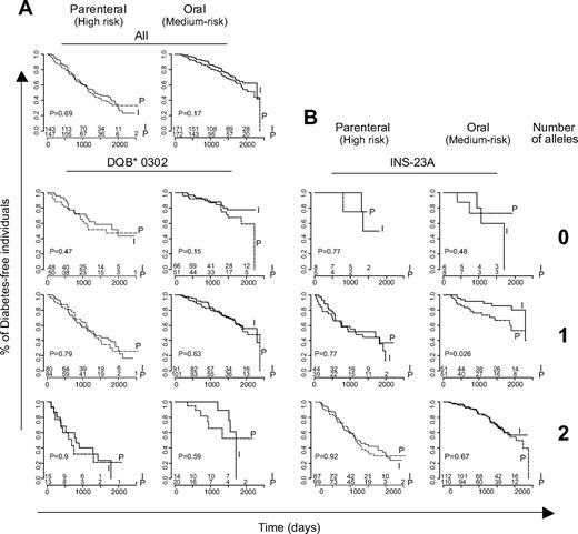 FIG. 3. Response to treatment according to HLA-DQB1 and INS-23 genotype. A: All 638 individuals were stratified according to the number of HLA-DQB1*0302 alleles and treatment group. Significance of differences in survival is evaluated by log-rank test. I, intervention group; P, placebo/observation. B: Individuals were stratified based on the number of INS-23A risk alleles.