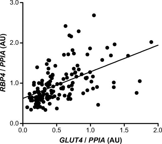 FIG. 3. Subcutaneous adipose tissue GLUT4 versus RBP4 expression. Paired GLUT4 and RBP4 mRNA expression values, normalized to PPIA (cyclophilin A) mRNA, in 141 twins. r = 0.61, P < 0.001.