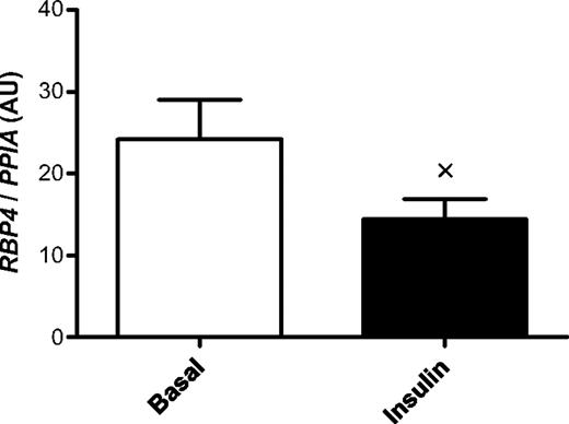 FIG. 6. Insulin stimulation and muscle RBP4 expression. Means ± SE for basal and insulin-stimulated skeletal muscle RBP4 mRNA expression normalized to PPIA (cyclophilin A) mRNA expression in 79 twins. ×P = 0.004.