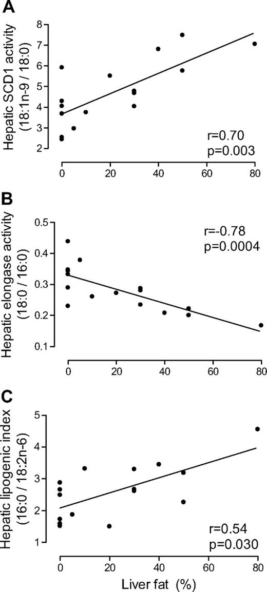 FIG. 2. The relationships between liver fat content and hepatic SCD1 activity index (A), hepatic elongase activity index (B), and hepatic lipogenic index (C).