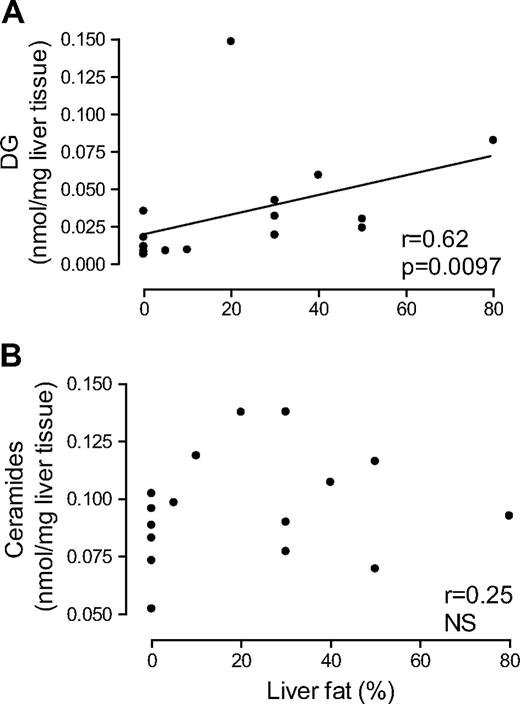 FIG. 3. The relationships between liver fat content and the hepatic concentrations of diacylglycerols (DG) (A) and ceramides (B).