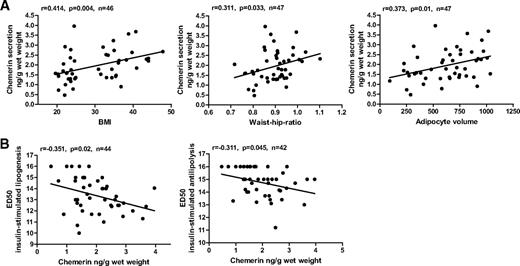 FIG. 4. Correlation of chemerin release from adipose tissue explants with different parameters. A: Adipose tissue explants were treated as detailed in the research design and methods section, and the release of chemerin was measured by ELISA. Chemerin release was correlated with BMI, waist-to-hip ratio, and adipocyte volume. B: Lipogenesis and insulin-stimulated antilipolysis was measured as described in the research design and methods section. Values for antilipolysis are not normally distributed, but the correlation remains significant, using a nonparametric test (Spearman rank test).