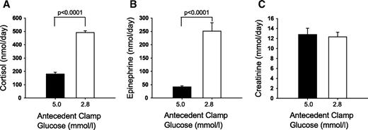 FIG. 4. Cortisol (A), epinephrine (B), and creatinine (C) levels in 24-h urines collected on the day of the euglycemic-hyperinsulinemic clamp studies (▪) and hypoglycemic-hyperinsulinemic clamp studies (□).