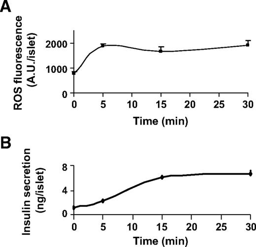 FIG. 2. ROS kinetics paralleled insulin secretion in GSIS. A: Intracellular H2O2 production measured with H2-DCFDA probe. Freshly isolated islets on 5.5 mmol/l glucose before time 0 were treated with 16.7 mmol/l glucose the lasting 30 min. ROS production appeared maximally and reached a plateau at 5 min. B: Insulin secretion immediately followed this ROS production and shared a similar profile.