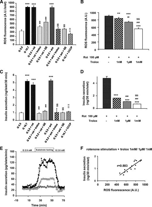 FIG. 3. mROS mimic GSIS in β-cells islets. A: Effect of treatments on intracellular H2O2 production measured with H2-DCFDA probe. Treatments were as follows: 100 μmol/l rotenone or 20 μmol/l antimycin, inhibitors of complexes I and III, respectively, added to the 30-min static incubation in 5.5 mmol/l glucose; 1 mmol/l trolox or 1 mmol/l glutathione reduced ethyl ester (GE) cotreatment with 16.7 mmol/l glucose or rotenone (rot) or antimycin (ant); 16.7 mmol/l glucose coadministrated with the uncoupler CCCP. C: Insulin release measurement in the same conditions. A and C: Three independent experiments, n = 6 per group. ***P < 0.001, glucose 5.5 vs. 16.7 mmol/l, vs. 5.5 mmol/l glucose + rot or 5.5 mmol/l glucose + ant; ###P < 0.001, 5.5 mmol/l glucose + rot vs. 5.5 mmol/l glucose + rot + trolox or glutathione ethyl ester (GE); §§§P < 0.001, 5.5 mmol/l glucose + ant vs. 5.5 mmol/l glucose + ant + trolox or glutathione ethyl ester (GE); ‡‡‡P < 0.001, 16.7 mmol/l glucose vs. 16.7 mmol/l glucose + CCCP. E: Dynamic insulin secretion using perifusion model under rotenone alone or in presence of the antioxidant trolox. Three independent experiments, with one perifused column per case, P < 0.001 between vehicle and treated groups and between rotenone vs. rotenone + trolox. B and D: Modulation of rotenone-induced ROS production and GSIS by gradual antioxidant doses. ROS-dependent response might be established with insulin secretion in static incubation. Three independent experiments, n = 6 per group; ***P < 0.001, rotenone + 1 nmol/l trolox vs. rotenone + 1 μmol/l trolox; ###P < 0.001, rotenone + 1 μmol/l trolox vs. rotenone + 1 mmol/l trolox. F: In these conditions, the regression linking ROS production to insulin secretion (r = 0.883) was highly significant P < 0.001. ⋄, vehicle; ♦, glucose 16.7 mM; ▴, rotenone; □, rotenone + trolox.