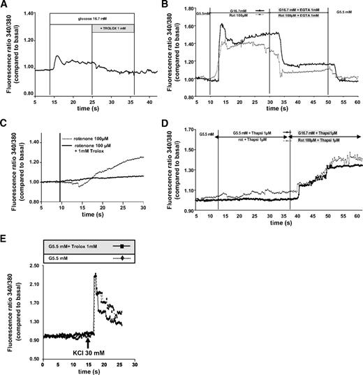 FIG. 5. Intracellular calcium profiles after glucose, mitochondrial blocker, or KCl treatment. A: Intracellular calcium expressed as the ratio of fura-2 probe fluorescence (340 nm/380 nm) from basal conditions (5 mmol/l glucose) to 16.7 mmol/l glucose. Addition of the antioxidant trolox significantly reverses the [Ca2+]i mobilization classically observed with glucose concentration increase. C: The experiment was repeated except that instead of raising glucose, 100 μmol/l rotenone was added to islets. Addition of rotenone first led to a transient fall in [Ca2+]i the first 8 min, followed by a large and sustained increase. B: Investigation of calcium origin using 1 mmol/l EGTA after removal of Ca2+ from the extracellular bath solution. Increasing the glucose concentration or adding rotenone first triggered a typical biphasic response, and the presence of EGTA resulted in a profound decrease of fluorescence fura-2 ratio 340:380 for both glucose and rotenone. D: Investigation of calcium origin using 1 μmol/l thapsigargin in islets treated with either 16.7 mmol/l glucose or 100 μmol/l rotenone did not suppress the massive increase of [Ca2+]i. The experiment shown is representative of three (glucose and mitochondrial blockers) or two (KCl) with similar results.