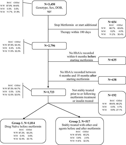 FIG. 1. Flowchart of patients' ascertainment. In the mini genotype frequency tables, W/W denotes the wild-type homozygote, M/M denotes the rare homozygote of CC and Del/Del for R61C and 420del, respectively, and W/M denotes heterozygote. DOB, date of birth.