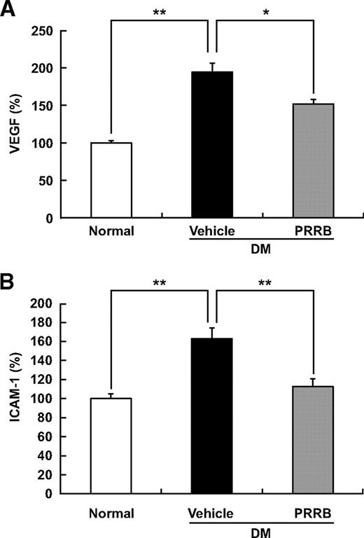 FIG. 3. Inhibitory effect of PRRB on retinal expression of inflammatory molecules. PRRB significantly suppressed retinal protein levels of VEGF (A) and ICAM-1 (B) analyzed by ELISA, both of which were elevated after induction of diabetes (DM) (n = 8–11). *P < 0.05 and **P < 0.01.