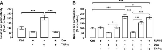 FIG. 3. Dexamethasone prevents TNF-α–induced cell permeability through transactivation of the glucocorticoid receptor. A: BRECs were grown to confluence on transwell filters and treated with 50 ng/ml dexamethasone (Dex) 18 h before TNF-α treatment (5 ng/ml, 6 h). B: Cells were treated with 5 μmol/l RU486 1 h before Dex treatment. The monolayer permeability to 70 kDa dextran was measured as described in research design and methods. The results represent the mean ± SEM of at least seven independent experiments and are expressed relative to control (Ctrl). *P < 0.05, ***P < 0.001, significantly different as determined by ANOVA followed by Bonferroni post hoc test.