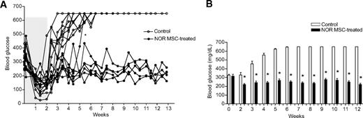 FIG. 4. NOR MSC therapy induces long-term reversal of recent-onset hyperglycemia. A: NOD mice were monitored beginning at 10 weeks of age, and on day 2 of hyperglycemia (blood glucose > 240 mg/dl), an insulin pellet was inserted subcutaneously for maintenance of normal glycemia during treatment. Mice were randomized to control or NOR MSC-treated groups; for NOR MSC treatment, 1 × 106 cells were injected intravenously twice per week for 4 weeks, and blood glucose measurements were taken daily. Eight of nine NOD mice treated with NOR MSCs exhibited reversal of diabetes. Five of six treated mice followed for 12 weeks maintained their reversal, whereas controls reverted to hyperglycemia (>600 mg/dl) soon after dissolution of the insulin pellet. B: Means of cumulative blood glucose measurements demonstrate no difference in level of hyperglycemia at days −1 and 0 (p = not significant), while weekly mean measurements beginning at week 2 after the initiation of treatment show significant decreases in blood glucose in response to NOR MSC therapy (P < 0.001 for all from week 2 to week 12). Data are displayed with means and SEM.