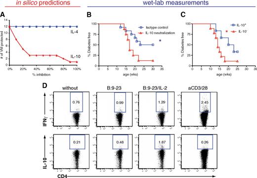 FIG. 7. In silico analysis predicts and laboratory measurements verify that IL-10 is the major cytokine mediator in achieving tolerance after nasal B:9-23 low-frequency immunization. A: Efficacy of nasal B:9-23 treatment is most sensitive to inhibition by IL-10, whereas negligible sensitivity to IL-4 is predicted. Low-frequency immunization was simulated in VM where IL-10 (blue) or IL-4 (red) was inhibited from 0 to 100%. B: IL-10 neutralization inhibits nasal B:9-23 tolerogenic effect. Live NOD mice treated with the low-frequency immunization protocol were divided in two groups. One group received anti–IL-10 neutralizing antibody, while in the second group the isotype antibody control was administered. Treatments were initiated at 4 weeks of age. Anti–IL-10 or isotype control was given to the mice (125 μg/mouse per injection) intraperitoneally twice a week at 5, 6, 10, 11, 14, and 15 weeks of age. The mice received a total of eight antibody injections. At least eight mice were included per experimental group (*P < 0.05). Mice receiving anti–IL-10 alone without the peptide treatment showed similar type 1 diabetes progression to the ones being completely unmanipulated (data not shown). C and D: IL-10–producing cells induced after nasal B:9-23 treatment mediate the protection. CD8-depleted cells from B:9-23–immunized and –protected mice were pooled together and cultured in the presence of B:9-23 (10 μg/ml) and rhIL-2 (50 units/ml) for 3 days. Subsequently, cells were assayed for cytokine production by intracellular cytokine staining after restimulation with anti-CD3/anti-CD28 or B:9-23 with or without rhIL-2 and fresh TDS (gate on CD4+). D: IL-10+ and IL-10− cells (∼106) were prepared with the Miltenyi kit after restimulation with fresh TDS, B:9-23, and rhIL-2. C: Cells were transferred into 6- to 8-week-old prediabetic hosts in three independent experiments with two to three mice per group. Diabetes incidence was followed for up to 30 weeks of age, and the results shown are cumulative with at least six mice per group.