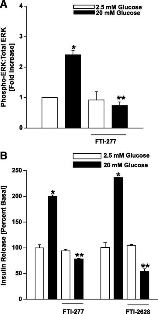 FIG. 3. Inhibition of protein farnesylation leads to reduction of glucose-stimulated ERK1/2 phosphorylation and insulin secretion in normal rat islets. A: Normal rat islets were cultured overnight in low-glucose–containing medium in the presence of diluent alone or FTI-277 (5 μmol/l). The next morning, they were further incubated in the presence of either low (2.5 mmol/l) or high (20 mmol/l) glucose for 30 min at 37°C in the continuous presence of FTI-277 or diluent. Islet lysates were separated by SDS-PAGE followed by transfer onto a nitrocellulose membrane. The membranes were then blocked and incubated with anti–p-ERK1/2 followed by incubation with HRP-conjugated secondary antibody. The relative intensities of p-ERK1/2:total ERK1/2 ratio were plotted based on the densitometric scan. Data are expressed as fold increase and are means ± SEM from three experiments. *P < 0.001 vs. 2.5 mmol/l glucose and **P < 0.001 vs. 20 mmol/l glucose in the absence of FTI-277. B: Normal rat islets were cultured overnight in low-glucose–containing medium in the presence of diluent alone. FTI-277 (5 μmol/l), or FTI-2628 (10 μmol/l) as indicated in the figure. Islet lysates were further incubated in the presence of either low (2.5 mmol/l) or high (20 mmol/l) glucose for 30 min at 37°C in the continuous presence of either FTI-277, FTI-2628, or diluent. Insulin released into the medium was quantitated by ELISA. The data are expressed as percentage of basal and are means ± SEM from three independent experiments. *P < 0.05 vs. 2.5 mmol/l glucose, **P < 0.05 vs. 20 mmol/l glucose alone.