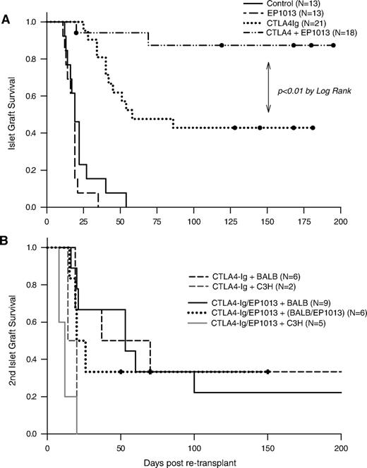 FIG. 1. EP1013 therapy, when combined with costimulation blockade using CTLA4-Ig, results in long-term islet graft survival and operational tolerance. A: Islet allografts were completed across a complete MHC mismatch using Balb/C (H-2d) donors and chemically diabetic B6 (H-2b) recipients. Caspase inhibitor therapy (EP1013) did not prolong graft survival compared with vehicle-treated animals. Monotherapy with CTLA4-Ig prevented graft rejection in 40% of recipients, whereas combination of EP1013 and CTLA4-Ig resulted in graft survival of >200 days in 89% of recipients (P < 0.01 vs. CTLA4-Ig). B: To test for donor-specific tolerance, graft-bearing kidneys were removed, and animals were re-transplanted with either donor-type (Balb/C) or third-party (C3H, H-2k) islets without further treatment or with a second 10-day course of EP1013. When using Balb/C islets, donor-specific tolerance was demonstrated in ∼30% of the transplant recipients (either CTL4-Ig or CTLA4-Ig+EP1013 cohorts). Re-transplantation with third-party islets resulted in robust rejection in all recipients.