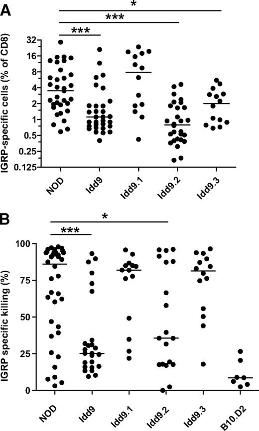FIG. 3. Idd9.2 and Idd9.3 genes contribute to restored tolerance of IGRP-specific CD8+ T-cells. NOD, Idd9, Idd9.1, Idd9.2, and Idd9.3 mice (10–14 weeks of age) were infected with Vac-IGRP and 7 days later (A) IGRP-tetramer+ CD8+ T-cells were measured in the spleen. Pooled data from three experiments are shown. The median line is shown for each group. NOD (3.5%, IQR 1.9–7.0%) vs. Idd9.2 (0.8%, IQR 0.4–1.7%), P < 0.0001 (***); and NOD vs. Idd9.3 (2.0%, IQR 0.9–3.0%), P = 0.047 (*), using the Mann-Whitney test. B: Infected and naive control mice were injected with CFSEHigh IGRP206–214–loaded NOD (or B10.D2) splenocytes and CFSElow control NOD (or B10.D2) splenocytes. Killing was assessed 16 h later in the spleen by FACS. Specific killing was calculated by the formula: 100 − [(percentage of CFSEhigh/percentage of CFSElow)/Ratio naive) × 100]. Pooled data from three experiments are shown. Line depicts median value. NOD (85%, IQR 43–94%) vs. Idd9 (27%, IQR 16–43%), P = 0.0004 (***); NOD vs. Idd9.2 (36%, IQR 18–88%), P = 0.027 (*).