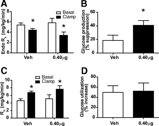 FIG. 3. Central infusion of hFGF21 improves insulin sensitivity by increasing insulin-mediated suppression of endogenous glucose production. Rate of endogenous glucose appearance (Endo Ra) during the basal (□) and clamp (■) periods (A), percent suppression of hepatic glucose production (B), rate of glucose disposal during the basal and clamped periods (C), and percent increase in glucose utilization (D) during euglycemic-hyperinsulinemic clamps performed during continuous intracerebroventricular infusion of hFGF21 (0.40 μg/day) or vehicle as in Fig. 2. *P < 0.05 vs. vehicle (Veh).