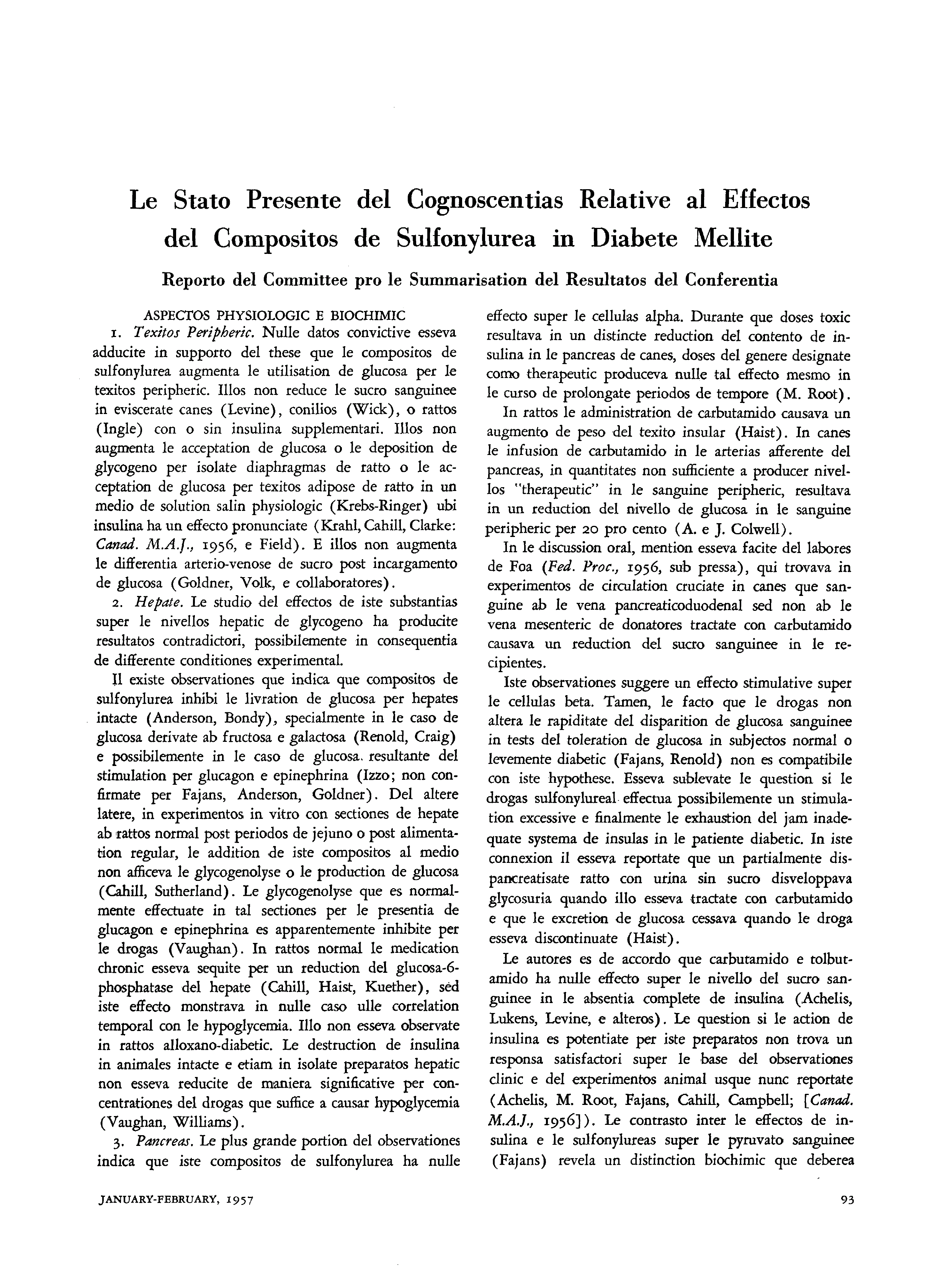 First page of Le Stato Presente del Cognoscentias Relative al Effectos del Compositos de Sulfonylurea in Diabete Mellite: Reporto del Committee pro le Summarisation del Resultatos del Conferentia
