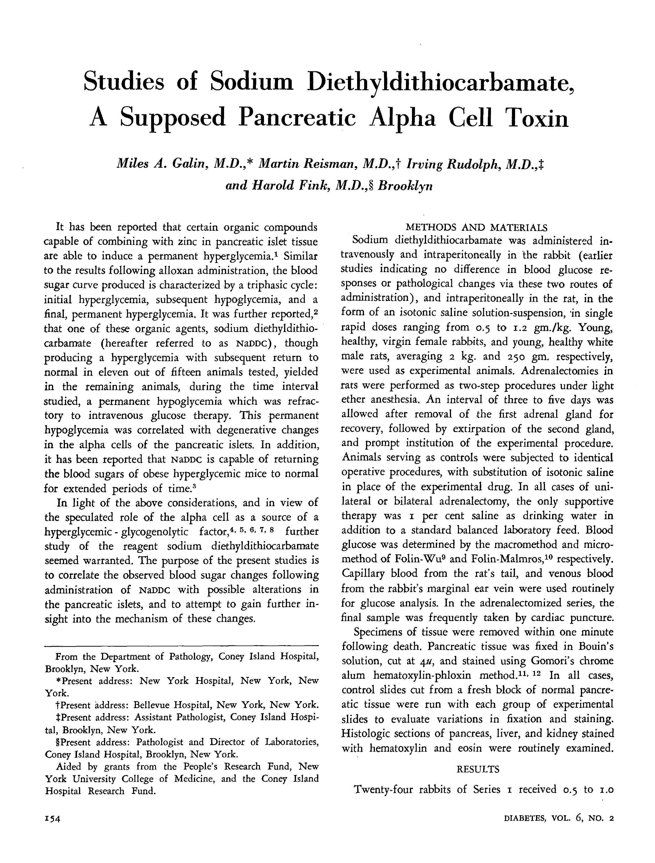 First page of Studies of Sodium Diethyldithiocarbamate, A Supposed Pancreatic Alpha Cell Toxin