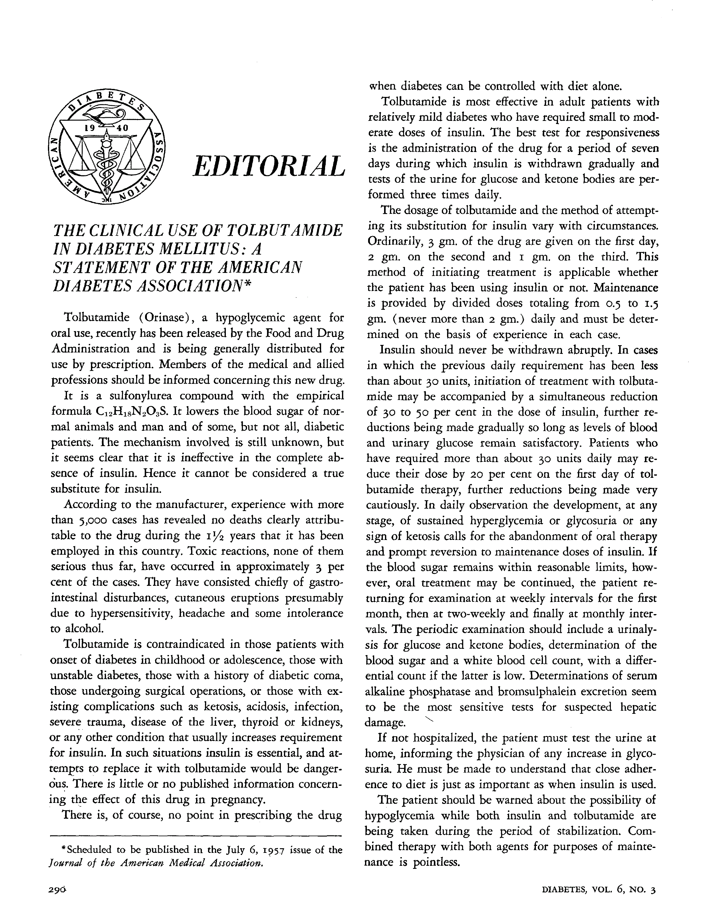 First page of The Clinical Use of Tolbutamide in Diabetes Mellitus: A Statement of the American Diabetes Association