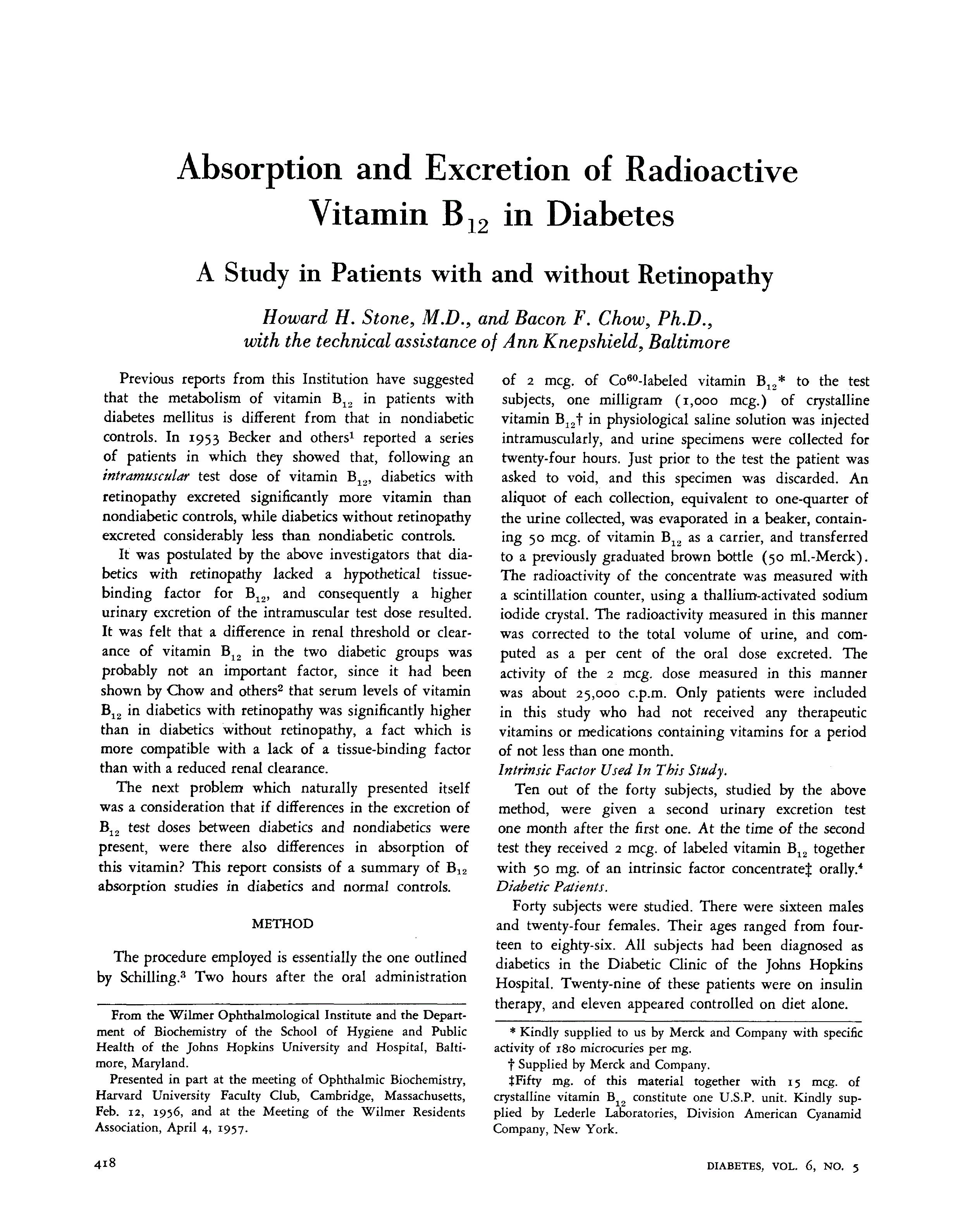 First page of Absorption and Excretion of Radioactive Vitamin B<sub>12</sub> in Diabetes: A Study in Patients with and without Retinopathy