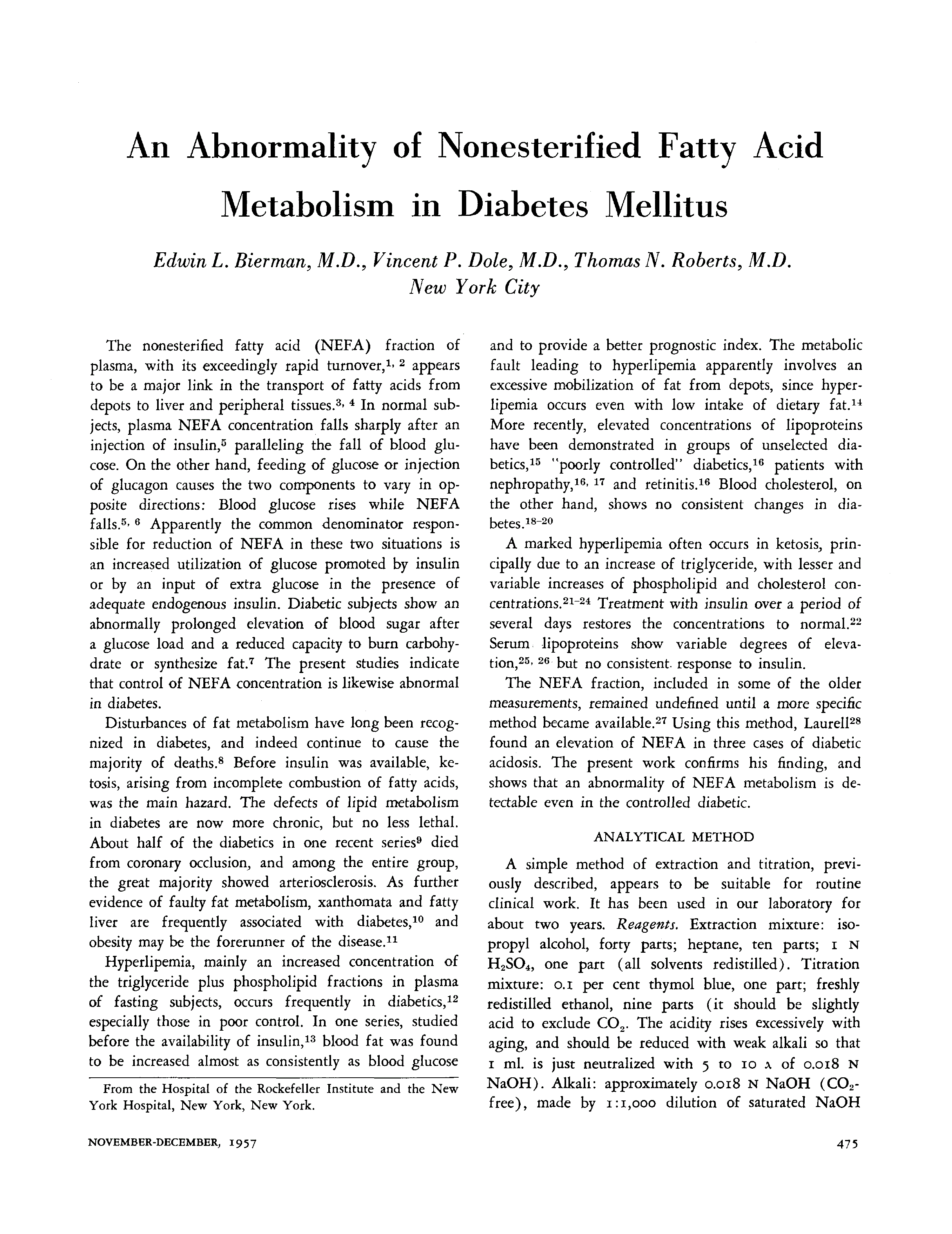 First page of An Abnormality of Nonesterified Fatty Acid Metabolism in Diabetes Mellitus