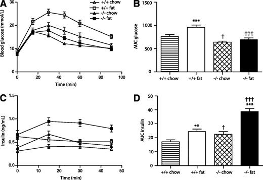 FIG. 2. Effect of Id1 deletion on glucose tolerance and insulin levels in wild-type and Id1−/− mice fed a standard chow diet (white triangles/striped bars and black triangles/hatched bars, respectively) or a high-fat diet (white squares/white bars and black squares/black bars, respectively) for 6 weeks. A: Blood glucose levels during an intraperitoneal GTT of wild-type (n = 19) and Id1−/− (n = 22) mice fed a chow diet and wild-type (n = 12) and Id1−/− (n = 6) mice fed a high-fat diet. ANOVA: P < 0.0001 for effect of diet in wild-type mice, P < 0.05 for effect of diet in Id1−/− mice, P < 0.0001 for effect of Id1 deletion in chow-fed mice, and P < 0.0001 for effect of Id1 deletion in fat-fed mice. B: AUC of blood glucose levels during the intraperitoneal GTT. ***P < 0.001 for effect of fat diet in wild-type mice, †P < 0.05 for effect of Id1 deletion in chow-fed mice, and †††P < 0.001 for effect of Id1 deletion in fat-fed mice. C: Insulin levels during intraperitoneal GTT of wild-type (n = 14) and Id1−/− (n = 17) mice fed a chow diet and wild-type (n = 11) and Id1−/− (n = 6) mice fed a high-fat diet. ANOVA: P < 0.01 for effect of fat diet in wild-type mice, P < 0.0001 for effect of fat diet in Id1−/− mice, P < 0.05 for effect of Id1 deletion in chow-fed mice, and P < 0.001 for effect of Id1 deletion in fat-fed mice. D: AUC of insulin levels during intraperitoneal GTT. **P < 0.01 for effect of fat diet in wild-type mice, †P < 0.05 for effect of Id1 deletion in chow-fed mice, ***P < 0.001 for effect of fat diet in Id1−/− mice, and †††P < 0.001 for effect of Id1 deletion in fat-fed mice.