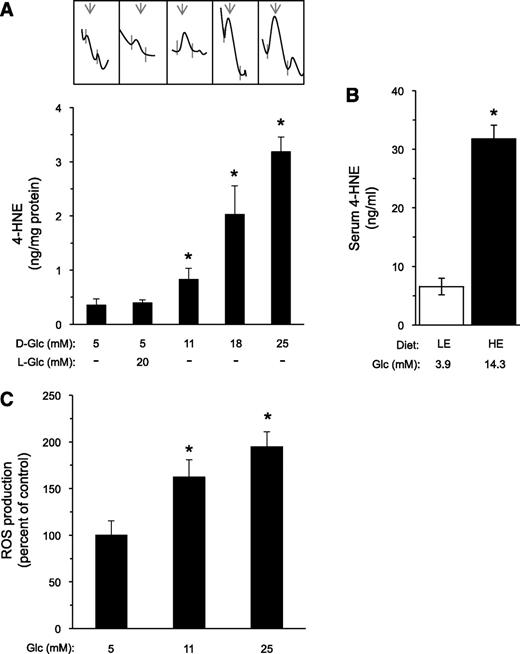 FIG. 2. Effect of high glucose on PUFA peroxidation in β-cells. A: INS-1E cells were exposed to the indicated d-glucose (D-Glc) and l-glucose (L-Glc) concentrations for 48 h; during the last 16 h, the cells were incubated with serum-free culture medium with the same additions. The media (10 mL) were then collected, extracted, and analyzed by HPLC. Data are given as nanogram 4-HNE per milligram cellular protein. Representative HPLC tracings are depicted (inset) and the arrows point to 4-HNE peaks. Results are mean ± SEM, n = 3–4. *P < 0.05 for the difference from the 5 mmol/L glucose controls. B: P. obesus gerbils fed LE or HE diet were killed, and sera were collected for glucose and 4-HNE determinations, as described in research design and methods. Serum glucose levels were 3.9 ± 0.1 (LE group) and 14.3 ± 0.7* mmol/L (HE group). Results are mean ± SEM, n = 5–12 animals. *P < 0.05 for the differences from the LE-diet control group. C: ROS production in INS-1E cells incubated for 16 h with the indicated glucose levels was determined by the carboxy-DCF-fluorescence method. Results are mean ± SEM, n = 3–4. *P < 0.05 for the difference from the 5 mmol/L glucose controls.